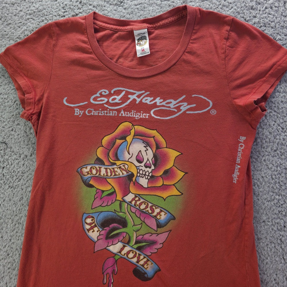 Vintage Ed Hardy Christian Audigier Womens Orange Skull Graphic T-Shirt M Y2K